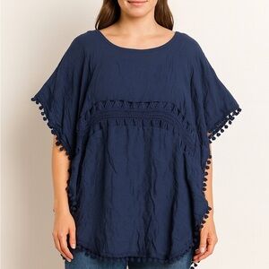 (A12) Aimage Navy Blue Women's Top with Pom-Pom Trim,‎ Size Small, NWT